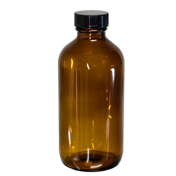 8 oz Amber Boston Round with Black Poly Cone Cap (28/400)