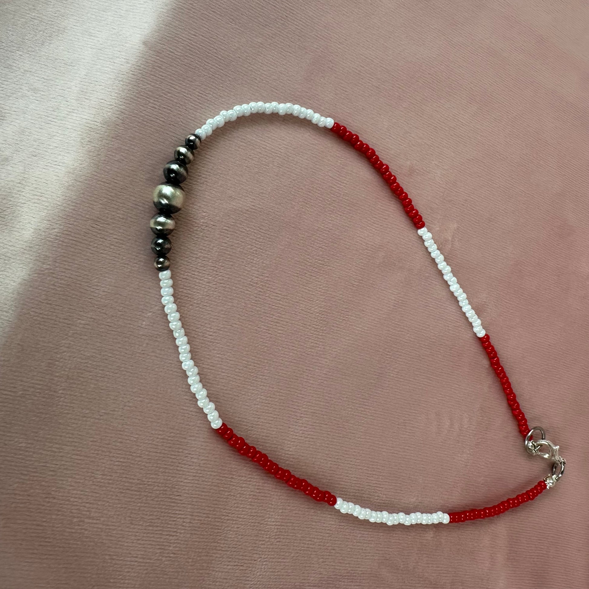 “Handmade necklace with Navajo pearls and glass seed beads”