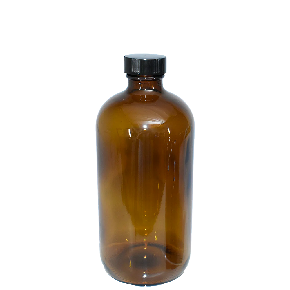 16 oz Amber Boston Round with Black Poly Cone Cap (28/400)