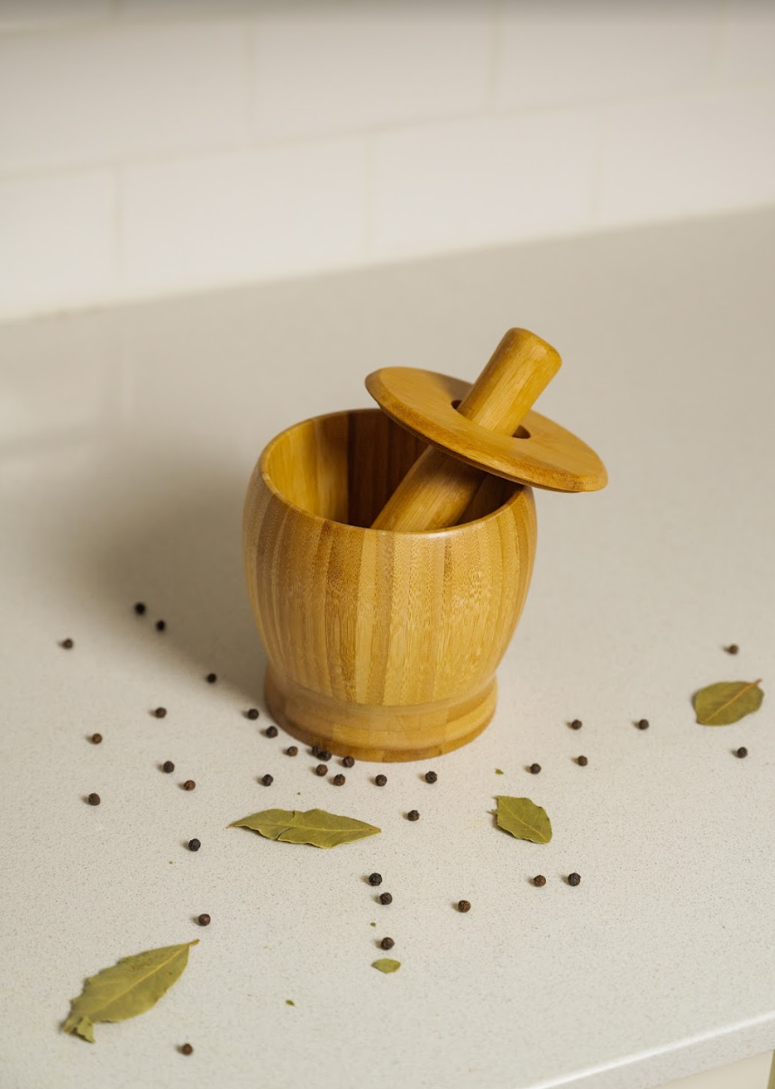 Bamboo Mortar and Pestle Grinder with Lid