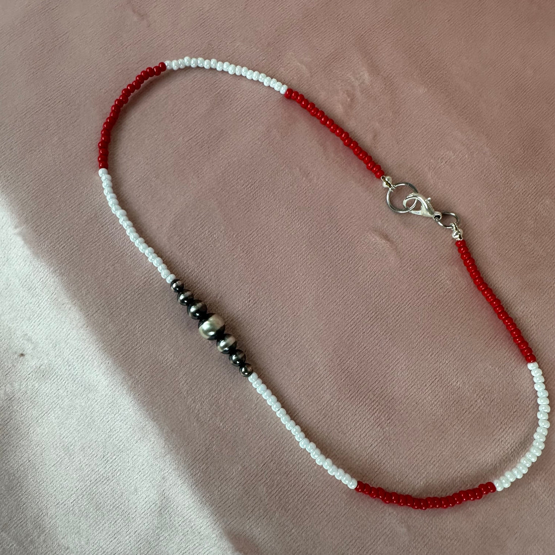 Handmade necklace with Navajo pearls and glass seed beads