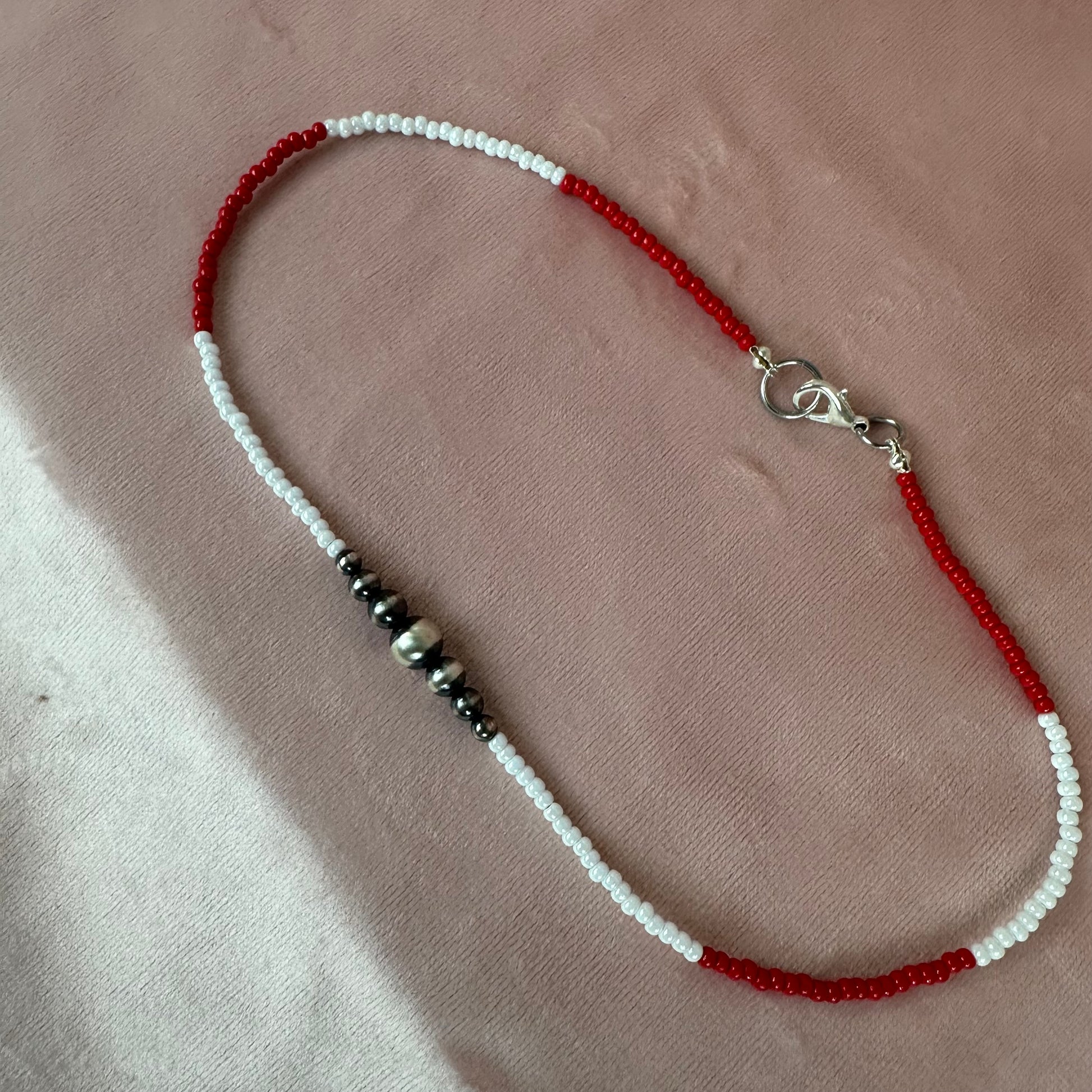 Handmade necklace with Navajo pearls and glass seed beads