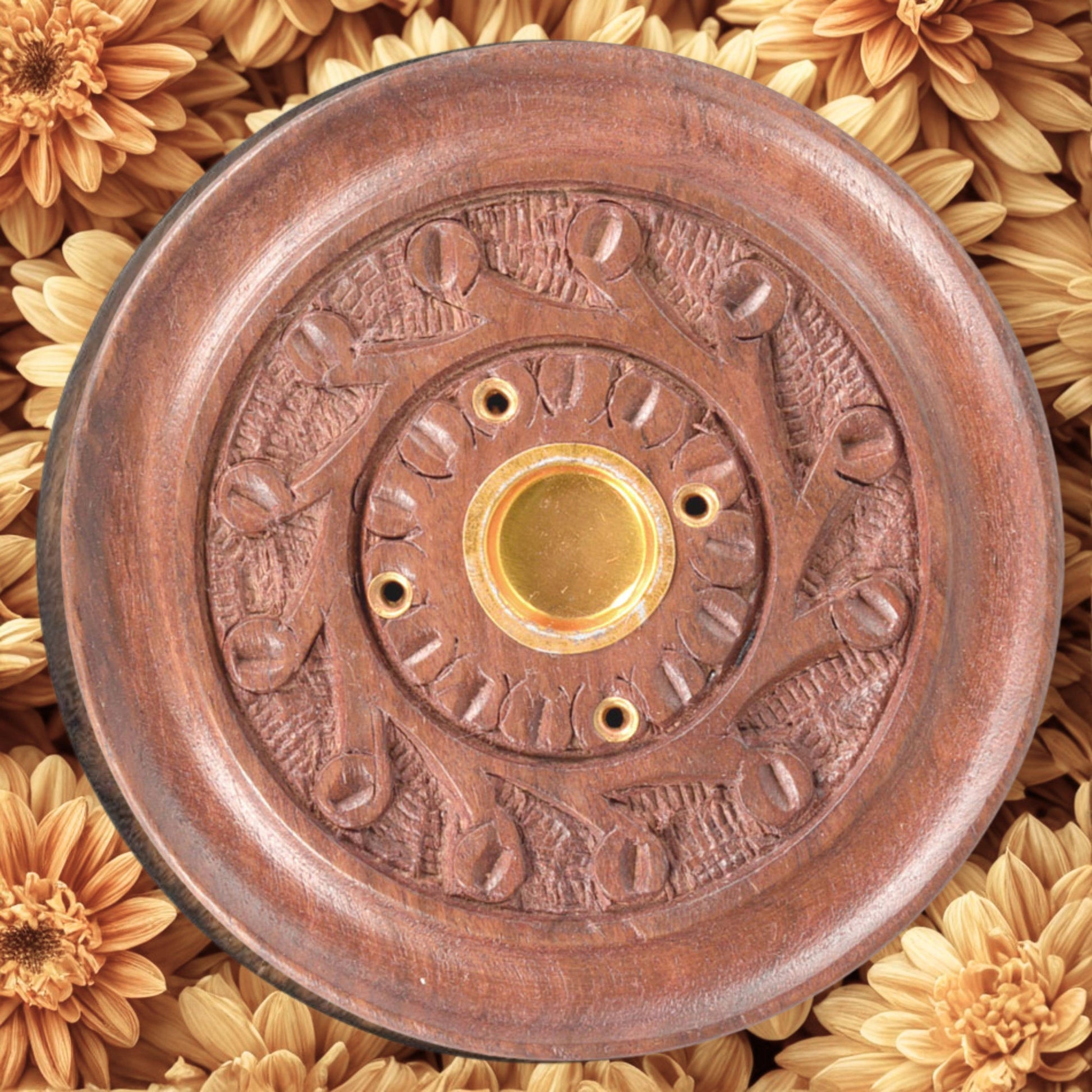 Handcarved Round Wood Incense Cone Burner – 3.75" Magnifique Hearts