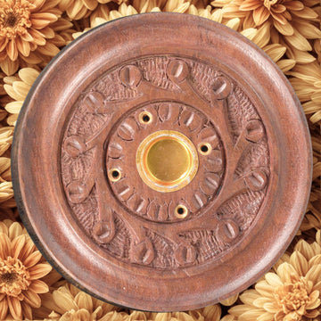 Handcarved Round Wood Incense Cone Burner – 3.75" Magnifique Hearts