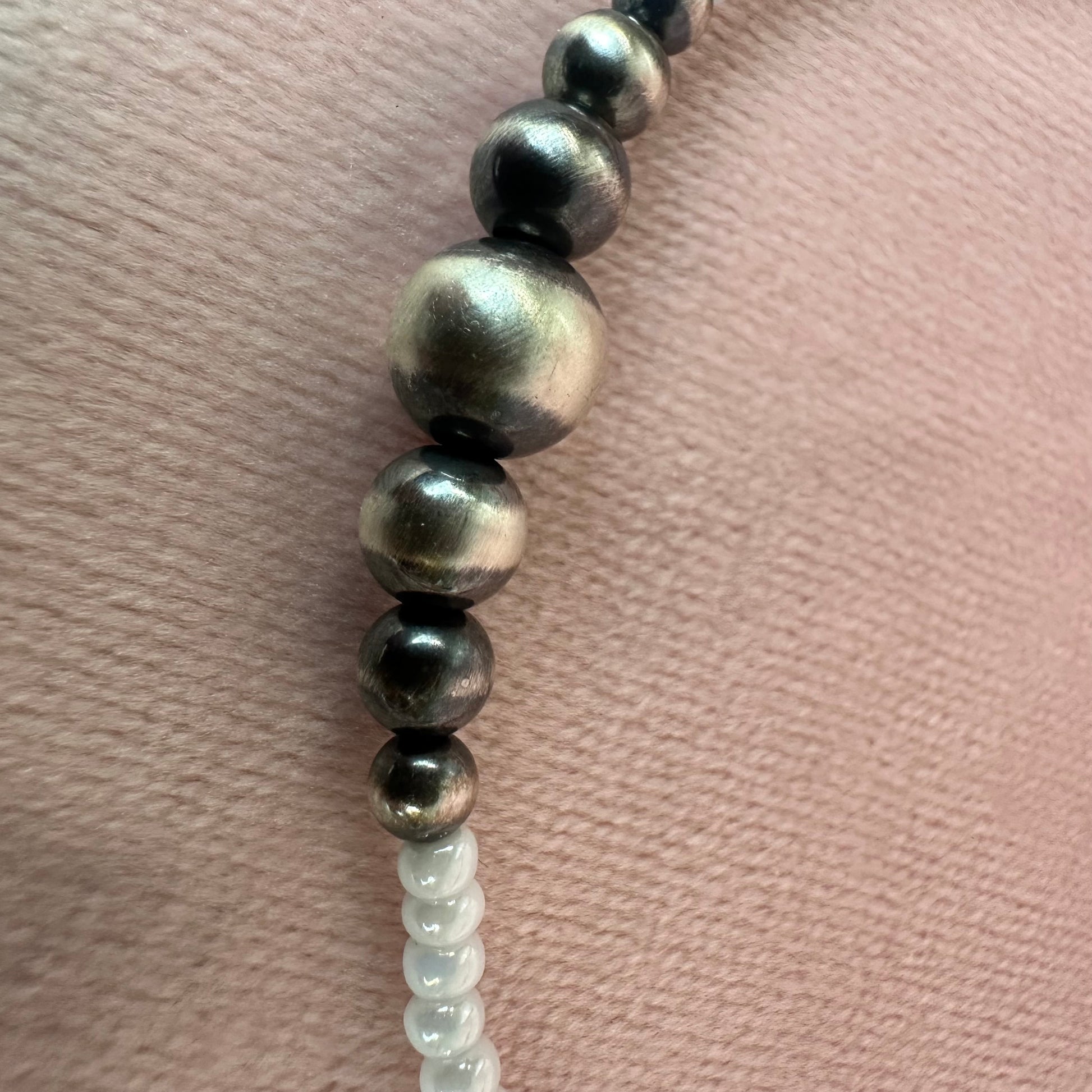 “Handmade necklace with Navajo pearls and glass seed beads”