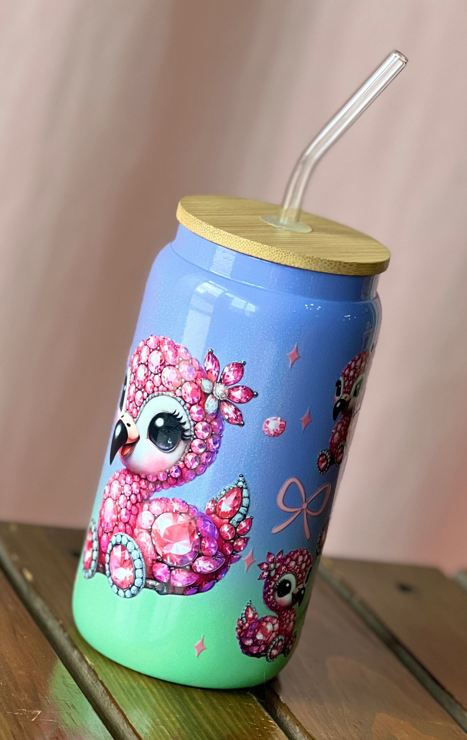 Flamingo Glass Cup & Straw with Bamboo Lid | 18oz Beckys BS