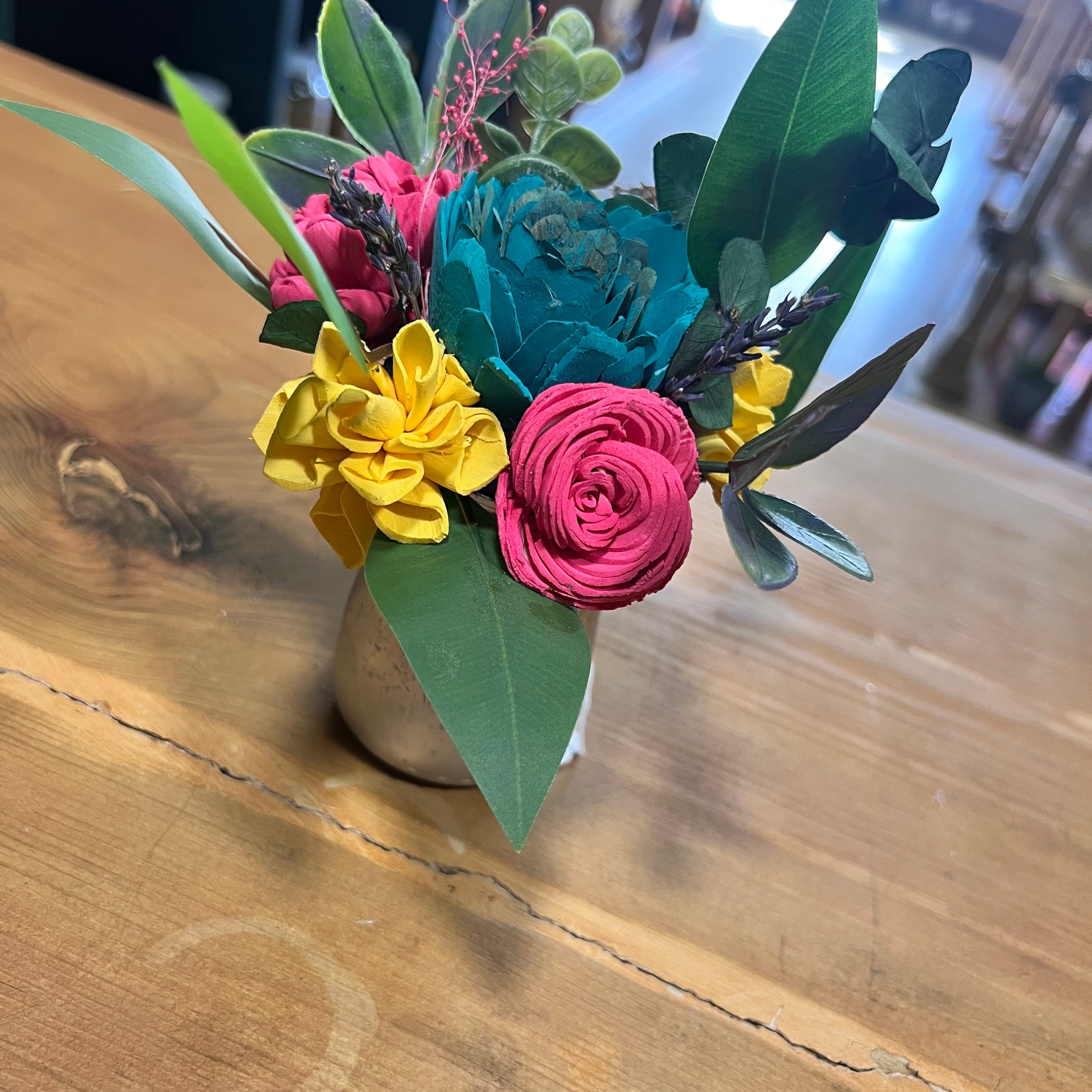 Pink, Yellow, & Teal Sola Wood Floral Arrangement